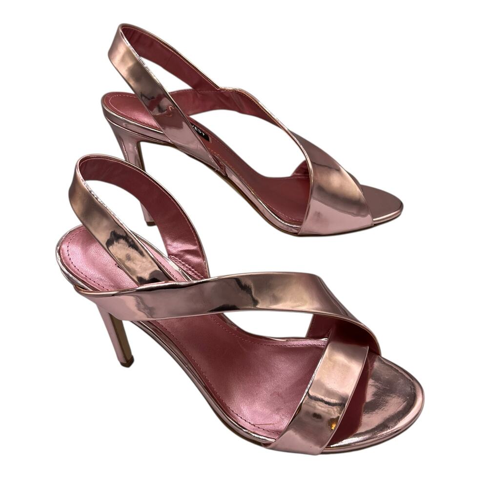 Nine West Rose Gold Patent Leather Slip On Heeled Sandal 7.5M Luxe Party “Itzel”